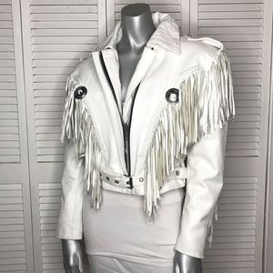 Vintage 90s White Western Fringe Leather Jacket M
